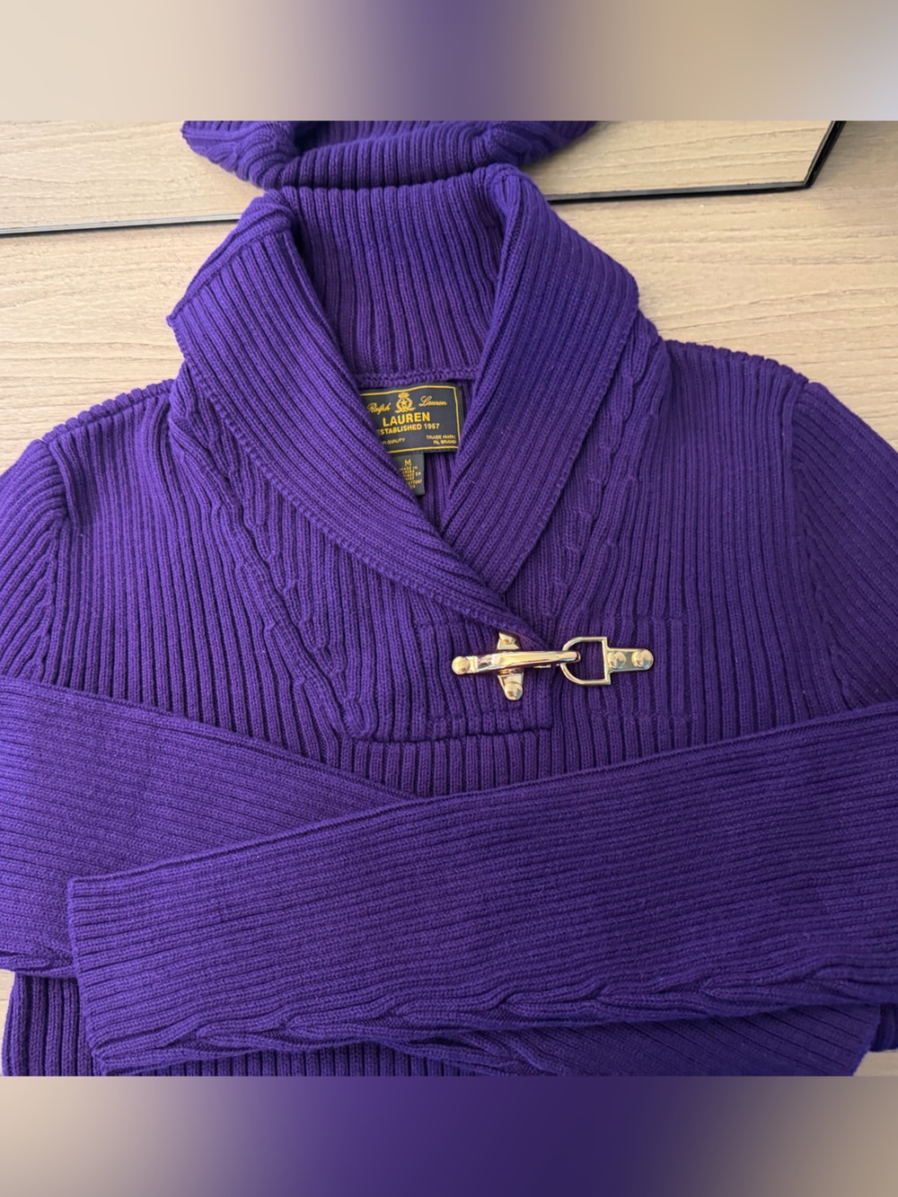 Lauren Ralph Lauren Deep Purple Ribbed Shawl-Collar Cardigan with Gold Toggle
